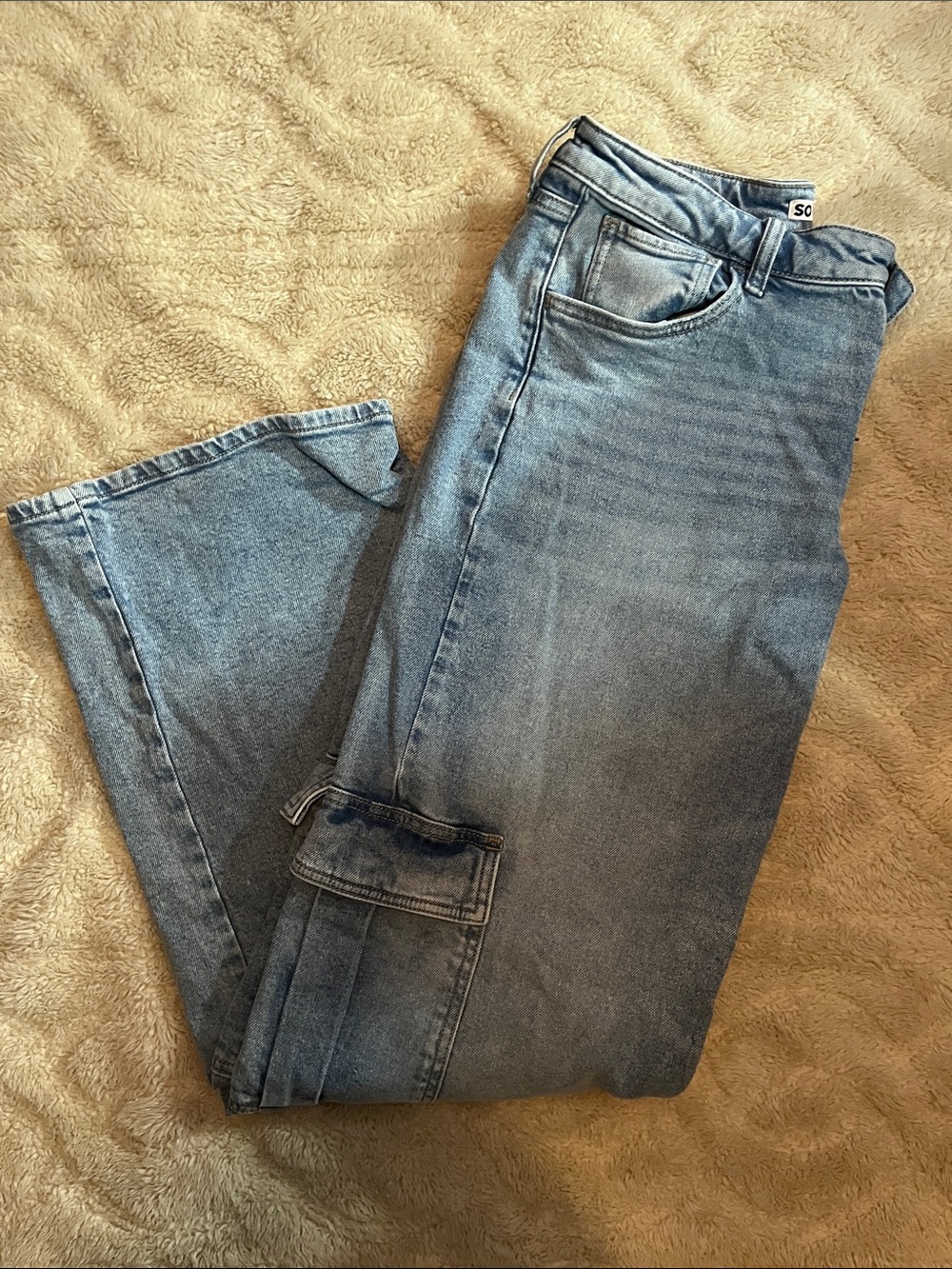 SO Women's Light Blue Wide Leg Jeans - Flare Cargo Detail